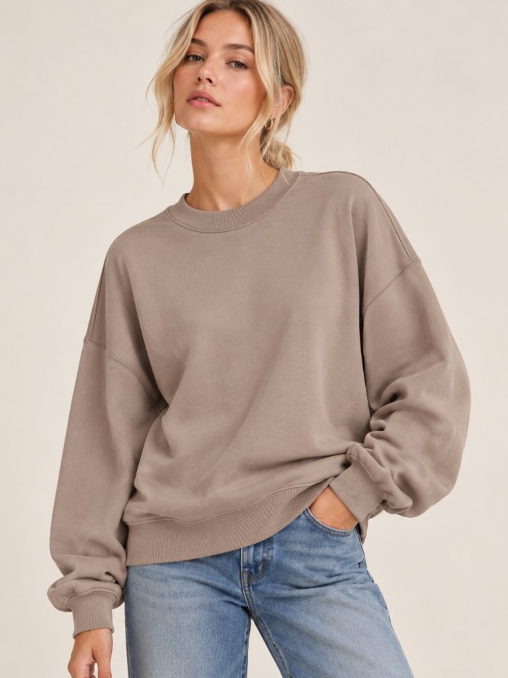 AllSaints Taupe Dino Sweat Oversized Crewneck Sweatshirt Small